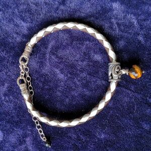 925 sterling silver handmade bracelet, genuine woven leather, natural Tiger Eye